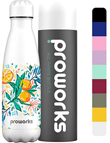 Proworks Performance Stainless Steel Sports Water Bottle | Double Insulated Vacuum Flask for 12 Hours Hot & 24 Hours Cold Drinks For Home, Work, Gym & Travel - 500ml - All White - Summer Squeeze