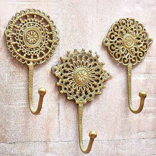 Indian Shelf 3 Wandhaken Gold Dekorative Wandhaken Boho Messing Shabby Chic Haken Einzigartige Boho Garderobenleiste Gold Vintage Haken zum Aufhängen Mantel