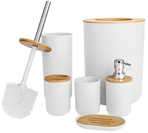 Youyijia 6 Pieces Bathroom Accessories- Bathroom Bin And Toilet Brush Set- Durable Toothbrush Holder Cup- Soap Dispenser With Pump- Soap Dish Holder- Modern Trash Can (White)