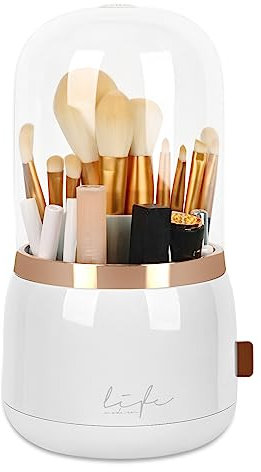 WAFJAMF Makeup Organiser Brush Holder 360 Rotating Cosmetics Organizer Large Capacity Storage Box with Lid Dustproof 7 Slot Makeup Brush Container - Upgrade Style - Pearl White