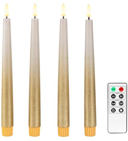 Fanna 4 Flameless LED Taper Candles with Timer in Real Wax, Battery Operated Rustic Metallic Dinner Candlesticks with Remote, 8 Batteries Included - H24.5cm - Sand Grey/Gold