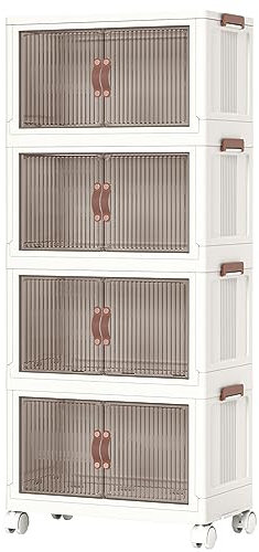 HOOBRO Wardrobe Storage Organiser, Stackable Storage Boxes with Doors, Foldable Plastic Storage Boxes with Wheels, 4 x 41.6L, Kitchen Storage Containers Organizer, for Living Room, White EWG442CW01