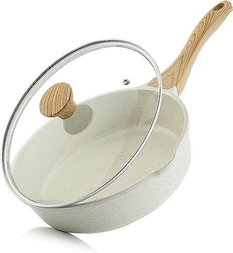 SENSARTE Keramik Bratpfanne mit Deckel, 26 cm Bratpfanne mit Deckel, Stay Cool Griff, Chef Pan Healthy Stone Kochgeschirr Kochpfanne, Induktionskompatibel (Weiß)