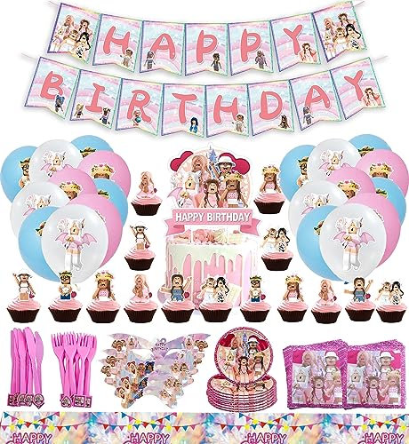 Geburtstagsdeko Roblox, 105Pcs Geburtstag Deko Roblox Party Deko Mädchen, PQKL-party Partygeschirr Luftballons Tortendeko Tischdecke Servietten Teller, Party Zubehör Rosa Kindergeburtstag