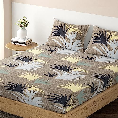 HOKIPO Glace Cotton Elastic Fitted Bedsheets Double Bed Size, 72x72 inches with 2 Pillow Cover, Mute Grey Fan Palm (IN-694-D5)