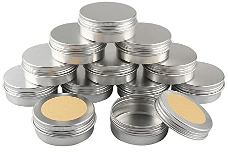 BPZXL 12 Pièces 60ml Rond Pots en Aluminium Argent Cosmétique Bougie Aluminium Vides Pots de Voyage pour Baume à lèvres avec Étiquette