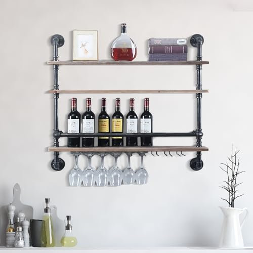 Industrial Pipe Regal Wandmontage Weinregal, 3-Tier Echtes Holz Weinregal Lagerung Tassenhalter, Retro Bar Regale Wandregal Rohr schwimmende Regale für Küche Bar Restaurant(92x89x20cm) (92cm)