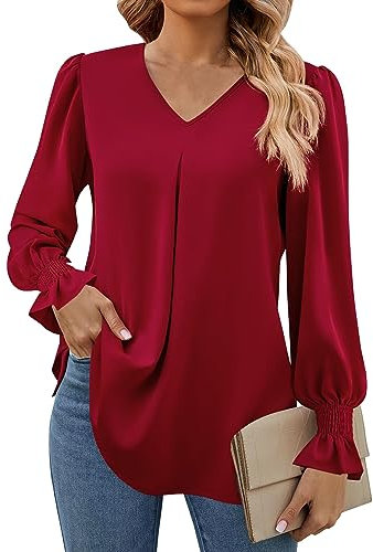 LUNULE Sweatshirts Für Damen Sweatjacke Damen Oktoberfest Damen Outfit Sport Tshirts Einfarbig V Ausschnitt Laternenärmel Basic Chiffon T-Shirt Mit Plissee Klamotten (Wein, L)