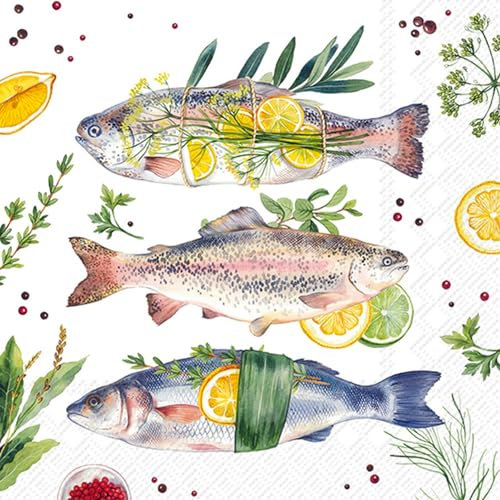 IHR 20 Servietten Essen & Trinken Fisch mit Zitrone als Tischdeko. Papierservietten mit Motiv. Auch für Decoupage und Serviettentechnik 33x33cm