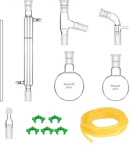 stonylab Glass Distillation Apparatus, Simple Distillation Kit with 24/40 Joint and 500 ml Reaction Flask for Normal Pressure/Low Vacuum Distillation Lab Glassware Kit