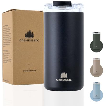 Groenenberg Mug isotherme 350 ou 473 ml | Thermos café 100% anti-fuite | Garde au chaud pendant au moins 4h | Tasse isotherme en acier inox recyclé (Black, 473 ml)