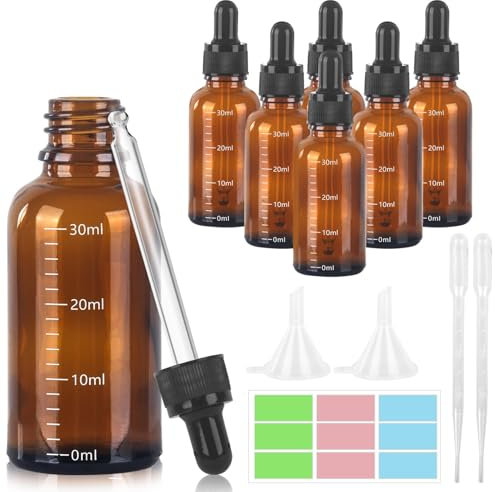 GROFIS Lot de 6 Flacon Pipette 30ml, Petit Flacon en Verre Ambré, Flacons Compte-gouttes avec 2 Pipette Mesurée 2 entonnoir 1 Etiquettes, Verre Dropping Bottles pour Huiles Essentielles Parfums