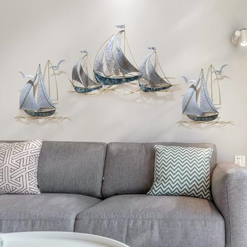 edaknez 3 Stück Metall Segelboot Wandkunst Metall Blau Schiff Wanddekoration Küste Nautische Wandkunst Dekor Große Segelboot Wandskulptur für Wohnzimmer Schlafzimmer Indoor Outdoor