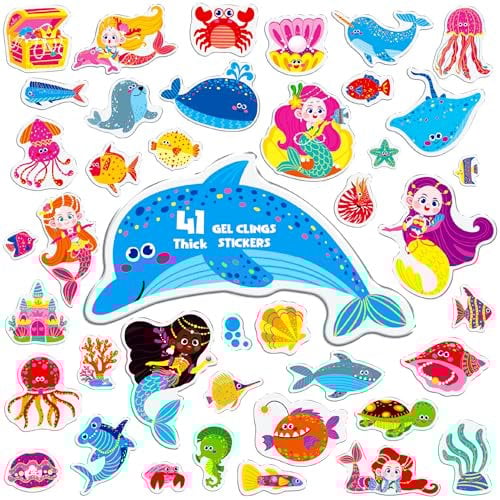 41 Stück Meerestier-Gel-Aufkleber, Meerjungfrau und Meereswesen Dicke Fenster- und Türdekorationen Abnehmbare Wiederverwendbare Aufkleber für Kinder Kleinkinder Kinder Zuhause Klassenzimmerbedarf