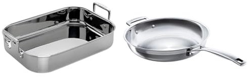 Le Creuset 3-Ply Stainless Steel Rectangular Roaster, 35 cm, Silver, 96102270000000 & Le Creuset 3-Ply Stainless Steel Uncoated Frying Pan, 28 x 6 cm, 96200228001100