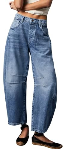 Womens Stretchy Mid Rise Barrel Jeans Vintage Loose Wide Leg Cropped Denim Pants Y2k Baggy Boyfriend Jeans (Large,Blue)