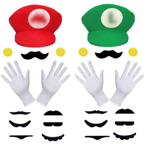 BOYATONG Mario Luigi Kostüm Accessories, Mütze Hut Handschuhe Bart Gelbe Knöpfe Faschingskostüme für Partnerkostüme Erwachsene, Karneval Cosplay Mottoparty Kostüm für Erwachsene Kinder Damen Herren
