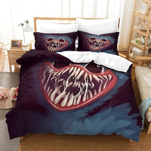 Poppy Playtime Bettbezug Set Mädchen Junge Kinder Bettwäschegarnitur 3D Gedruckter Horror-Spiele-Cartoon Weich Microfaser Bettwäsche Und Kissenbezüge Reissverschluss 3 Teilig Super King(260x220cm)