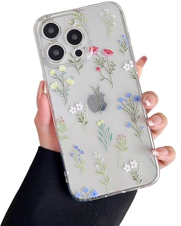 RALEAVO Compatible with iPhone 15 Pro Case, Cute Clear Floral Case for Girls Women, Soft Silicone Shockproof Protective Bumper Case with Flowers Patterns Phone Case for iPhone 15 Pro - White