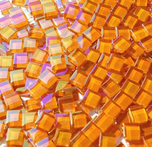 CHICSHIS 0.66lb Light Orange Iridescent Mosaic Tile, Square Glass Mosaic Tiles Pieces for Crafts, 1x1 cm Tiles for Mosaic Art Projects, Small Glass Tiles Ideal for Handmade Stained Glass Supplies