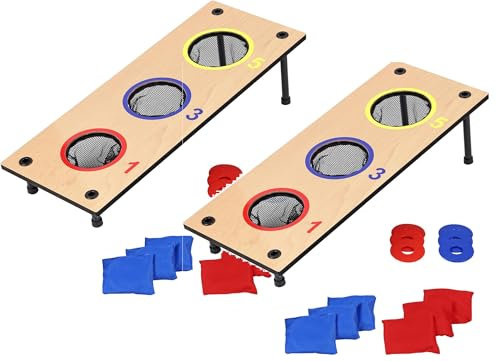 Unibos X2 Outdoor Throwing Game 2-in-1 Wooden Bean Bag Toss and Washer Pitch Set | Reversible Board | with 6 Bean Bags & 6 Washers | Outdoor Throwing Game | Family Fun Game