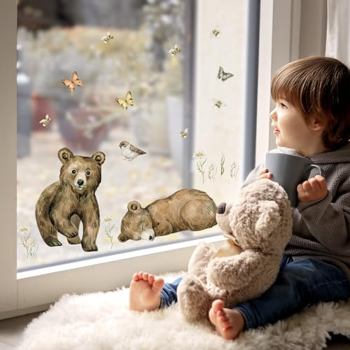 Alwayspon Doppelseitige Fensteraufkleber, Anti-Kollisions-Aufkleber für Kinderfenster, Bär und Schmetterling, Fensteraufkleber für Glas, Babyzimmer, Zuhause, Kinderzimmer, Klassenzimmer, Dekoration,