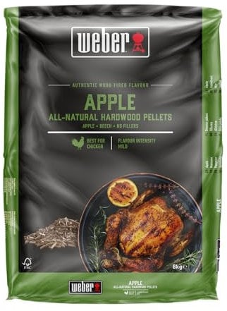 Weber Granulés de Bois - Bois de Pommier (8 kg) - Idéal pour Fumer la volaille - Granulés de Bois 100% Naturel - Convient pour Tous Les barbecues à granulés (3401055)