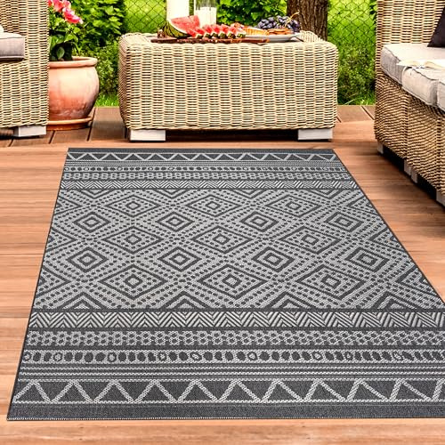 CARPETIA In- & Outdoor Teppich Ethno-Muster Anthrazit Creme 140x200 cm | Pflegeleicht, UV-beständig, wetterfest, formstabil und schmutzabweisend, für Fußbodenheizung, Balkon & Terrasse