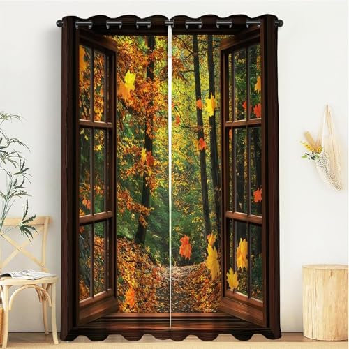 Blickdichte Vorhänge Kinderzimmer Herbst Ahorn Wald Vintage Holzfenster Gardinen Mit Ösen Für Mädchenzimmer, Jugendzimmer, Babyzimmer Fensterbehandlungen Wohnzimmer H225Xb150
