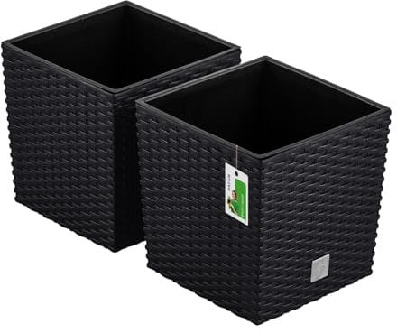 PAFEN 2X Blumentopf Blumenkübel Rattan-Optik 9,8 Liter - 22,5 x 23cm - Pflanzkübel mit Einsatz, Übertopf für Garten, Balkon & Innenbereich, wetterfest, Kunststoff, Anthrazit