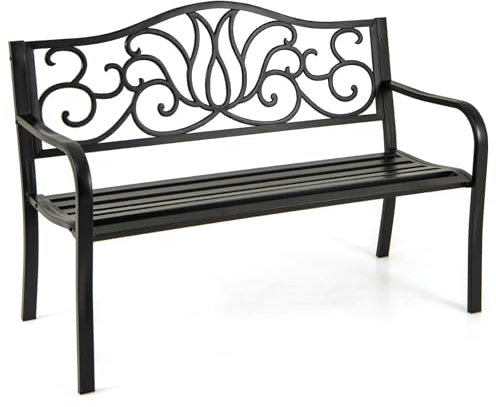 COSTWAY 2 Seater Garden Bench, Heavy Duty Metal Frame Loveseat Park Bench, Outdoor Patio Backyard Lounger Chair Seats (1, Floral Pattern)