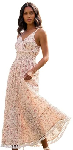 Roman Metallic Leaf Print Shirred Maxi Dress for Women UK - Ladies Spring Everyday Summer Holiday V-Neckline Comfy Sleeveless Soft Fit & Flare Frock Vacation Beach Gowns - Red - Size 20
