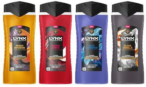 Lynx Shower Gel Men's 4 Pack Bundle of 400ml Body Wash in Black Vanilla, Blue Lavender, Cherry Spritz & Peach Infusion, Invigorating Scents for Daily Freshness