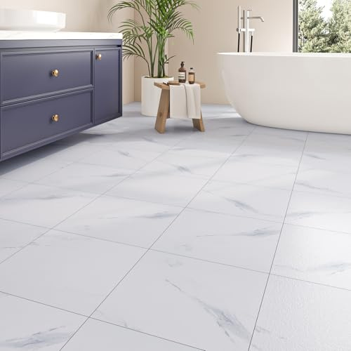 ReWallpaper 30 Sheets White Marble Vinyl Floor Tiles Kitchen Bathroom Lino Flooring Tile Stickers Waterproof 30CMx30CM Marble Effect White Stick on Floor Tiles for Hallway Laundry Self Adhesive
