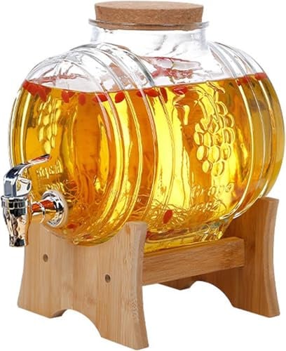 BLUEZY Distributeur d'eau en Verre De 1L/3L/5L Distributeur De Boisson Fontaine A Eau avec Support pour Robinet, Étanche, Bocaux en Verre Transparent, Bouchons en Bois pour Le Service De Fête 1L