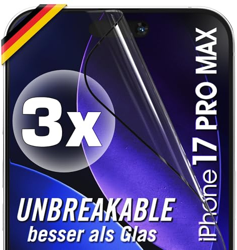 UTECTION 3x Schutzfolie für iPhone 17 Pro Max, Panzerglas-Alternative | kein Glas = kein Splittern, Full Screen Folie bruchsicher, für iPhone 17promax 6,9 Zoll, Hülle-kompatibel