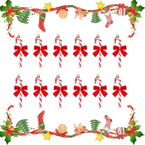 Hpamba 24 Stücke Christbaumanhänger Zuckerstange mit Schleifen, Weihnachtskugel in Zuckerstangen-Form, Glitzer Weihnachtsbaumschmuck für Weihnachtsbaum Deko (Rot)