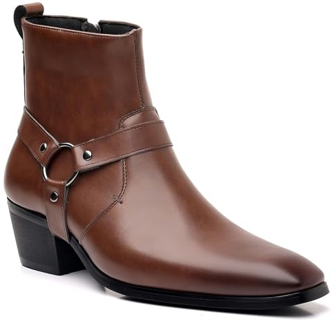 KYOESCAI Stivali da Uomo Western Punta Quadrata Cerniera Antiscivolo Tacco Grosso Stivaletto Biker con Borchie,Marrone,47 EU
