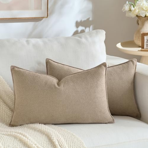 FDTERN 2er Set 30×50 cm Taupe Chenille Kissenbezugset im modernen Dekor Einfarbiges, neutrales Design mit Borte Einzigartiges Design Geeignet für Schlafzimmer Wohnzimmer Sofa Bett und Wohnkultur