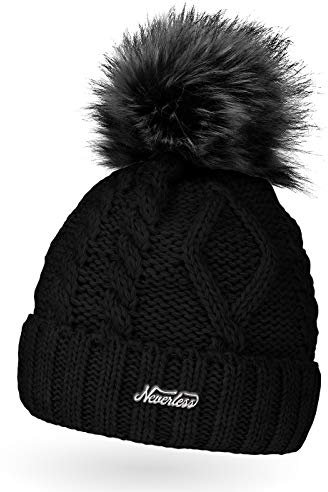 Neverless gefütterte Damen Strickmütze mit Fell-Bommel und Fleece-Futter, Kunstfell, Winter-Mütze, Bommelmütze, schwarz Unisize