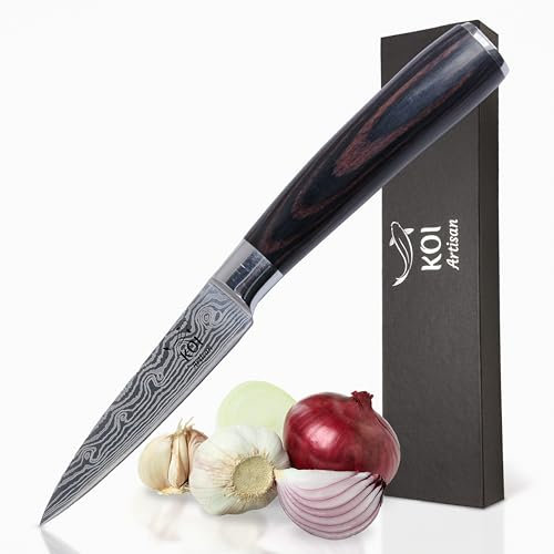 KOI ARTISAN Damascus Style Paring Knife - 3.5 Inch Razor Sharp Edge – Chef Knife High Carbon Stainless Super Steel – Moisture Resistant Pakka Wood Handle Kitchen Knives
