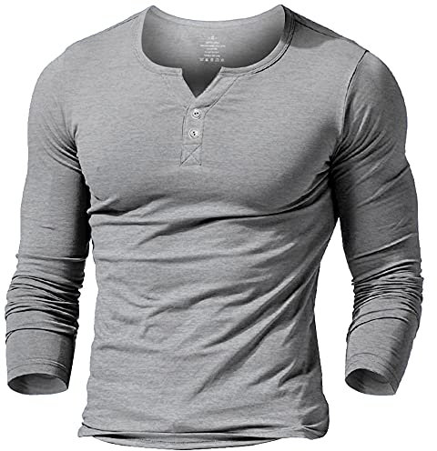 Mens Long Sleeve Muscle Slim Fitted Cotton Henley T-Shirt with Buttons Grey M
