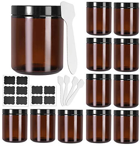 Betrome Lot de 12 pots ronds en verre ambré avec couvercles noirs - 237 ml