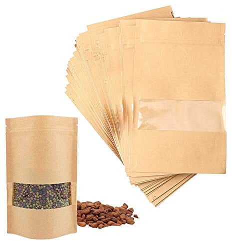 CYH 50Pcs Self-Sealing Kraft Paper Bags - Reusable Food Storage Pouches with Transparent Window - Stand Up Pouch - for Food Tea Coffee Beans Nuts Seeds Dried Fruits (9x14cm)