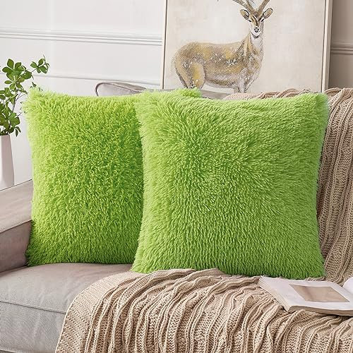 ANRODUO Confezione da 2 cuscini primaverili color verde lime, lussuosi e soffici, in finta pelliccia, cuscini decorativi in peluche, stile mongolo Merin, per letto, divano, soggiorno, decorazione per