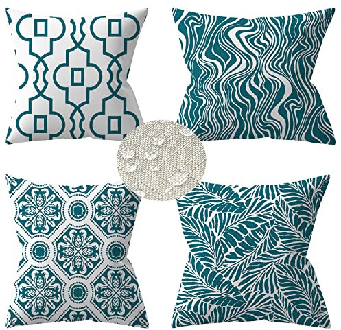 Morwealth 4 Stück Outdoor Kissenbezug,Dekokissen Leinen Kissenbezüge Wasserfest Geometrische wasserdichte Kissenhüllen wetterfest Werden für Schlafzimmer,Sofa,Garten (Türkis, 45 x 45 cm, 4 Stück)