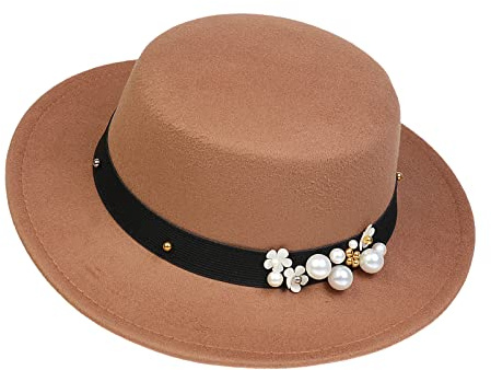 NiceYnn Klassisk vintage ull brett brätte platt topp fläskpaj båthatt, justerbart pärlband Fedora kyrka Derby filtmössa för bröllopsfest talangshow, Kamel och pärla, en storlek