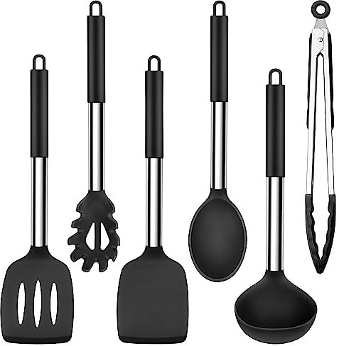 Herogo Kitchen Utensils Set, 6-Piece Silicone Cooking Utensil Set, Heat Resistant Stainless Steel Handle Cooking Tools, Non-Stick Silicone Spatula Turner Spoon Set, Easy to Clean - Black