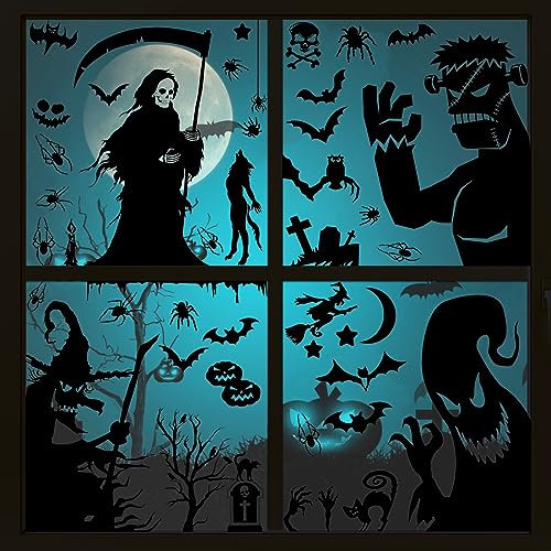 TOPJOWGA Halloween Fensterbilder, Halloween Fensterbilder Sticker, Halloween Geist Fledermäuse Schädel Kürbis Fenster Aufkleber Wandaufkleber, Halloween Dekoration Aufkleber für Fenster