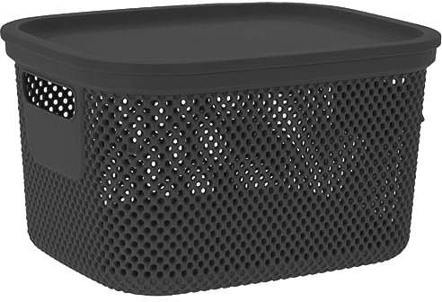 Muddy Hands Decorative Plastic Storage Box with Lid Home Kitchen Bedroom Bathroom Office Stackable Lidded Basket Container (6 Litre, Dark Grey)
